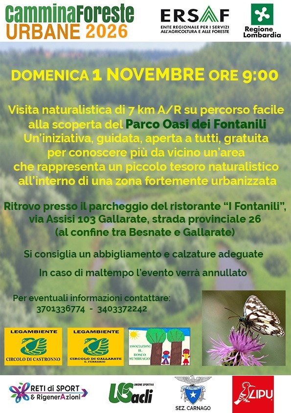 Locandina CamminaForeste Urbane 2026 – visita naturalistica al Parco Oasi dei Fontanili, Gallarate, domenica 1 novembre 2026